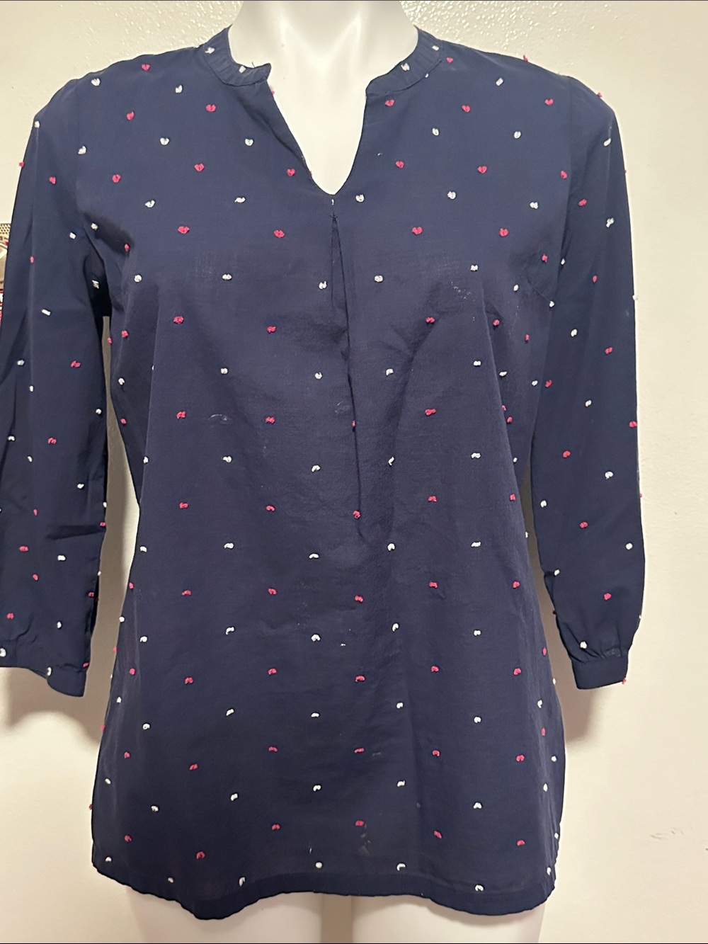 Basic Editions Navy Tunic Top with Pink and White Heart Dots